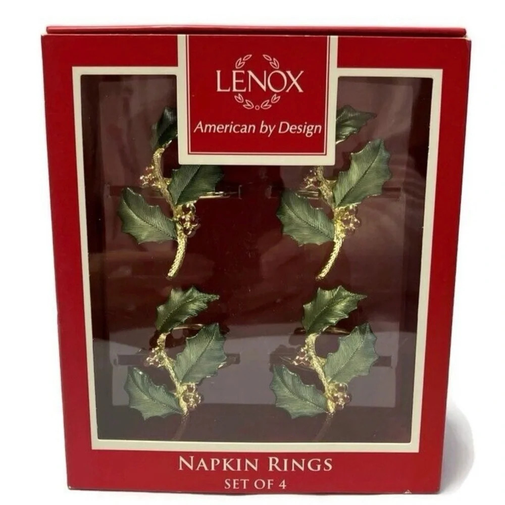 LENOX Holiday American by Design Set of 4 Napkin Rings Gold Tone Holly Berry